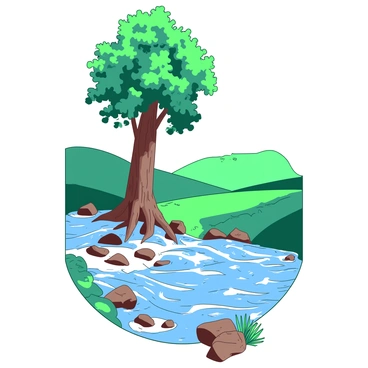 A tall tree with a thick trunk and lush green leaves stands by a rushing river. The tree's roots are partially exposed, clinging to the rocky soil near the water's edge. The river flows swiftly, creating white frothy waves as it moves over smooth stones. Sunlight filters through the leaves of the tree, casting dappled shadows on the ground. A few scattered rocks are visible in the foreground, and the background features rolling hills that rise gently from the riverbank.