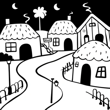 A row of "cozy cottages" with thatched roofs and smoke curling from their chimneys, lined along "cobblestone streets." "Moonlight" casts soft shadows, illuminating the details of the cottages' windows. A "wooden sign" hangs from one cottage, with the words "Welcome" engraved on it. A winding path leads through the village, dotted with "lampposts" that emit gentle light. In the background, "tall trees" stand silhouetted against the night sky, adding depth to the scene.