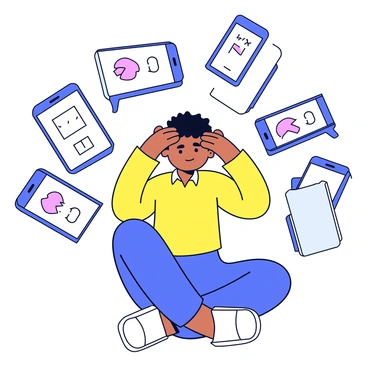 A person sitting on the floor with their head in their hands, displaying a body language of distress. Surrounding the person is an array of devices, including smartphones and tablets, all prominently showing "negative messages" on their screens. The devices are clustered closely, creating a sense of overwhelming pressure, while the person is in focus at the center of the composition. The background is minimalistic to highlight the person and the devices.