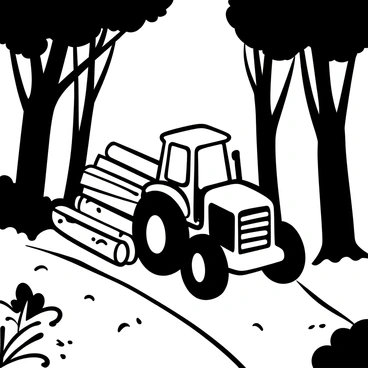 A tractor with large wheels is hauling a load of logs along a narrow path in a dense forest. Tall trees with thick trunks surround the path, their branches creating a canopy overhead. The ground is uneven, covered in fallen leaves and patches of grass. Sunlight filters through the leaves, casting shadows on the tractor and the logs. The tractor is slightly covered in mud, indicating recent use in the forest.