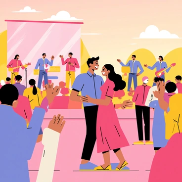 A couple dancing together at an outdoor concert. The couple has joyful expressions, with the man wearing a blue shirt and the woman in a flowing red dress. The background features a large stage with colorful lights and a band playing energetic music. Surrounding them, a lively crowd is enjoying the performance, with some people clapping and others waving their arms. The scene is set during sunset, casting a warm glow over the entire event.