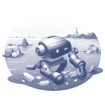 A futuristic marine robot designed for environmental cleanup is actively collecting trash in a polluted ocean area. The robot has a sleek, streamlined shape, equipped with articulated robotic arms that extend to grasp and retrieve debris from the water's surface. The surrounding ocean is filled with various types of plastic waste, floating bottles, and discarded fishing nets. The water is disturbed by the movements of the robot as it navigates through the littered environment. In the background, remnants of polluted equipment and darker patches signify areas of concentrated waste. The sky above is overcast, reflecting the somber condition of the ecosystem.