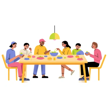 A family gathered around a rectangular wooden dinner table. The table is set with colorful plates and bowls filled with various dishes. Each family member, including two adults and two children, is engaged in animated conversation, smiling and laughing. The adults are sitting on one side, while the children are on the opposite side, reaching for a shared bowl of salad in the center. A soft light from a chandelier above casts a warm glow on the scene, emphasizing the joyful expressions on their faces. "Togetherness" is represented in their interactions and shared moments.