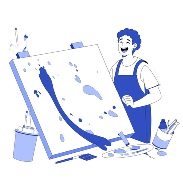 An artist is laughing joyfully while standing in front of a large canvas. They are wearing a paint-splattered apron, and their hands are covered in various paint marks. Colorful paint spills from a tipped-over container, splattering across the canvas and creating random patterns and forms. The artist's expression is one of delight and surprise, as they witness the unplanned creation unfolding before them. Brushes and palette knives are scattered around the workspace, and a vibrant array of paint tubes is nearby. The atmosphere is lively and filled with creativity.
