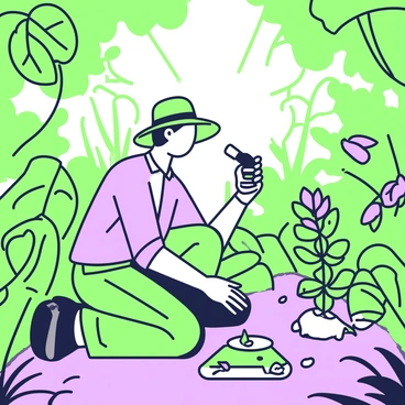 An explorer is kneeling on the forest floor in a dense jungle setting. He is wearing a green safari hat and cargo pants, with a light shirt that blends into the environment. In his hands, he holds a portable microscope, focused intently on a small insect resting on a leaf. Surrounding him are various types of lush foliage, including large green leaves and vibrant plants. Sunlight filters through the canopy above, casting dappled light on the ground. Nearby, a collection of small plant specimens is arranged on a flat rock, showcasing different shapes and sizes. The atmosphere is rich with the details of the jungle environment.