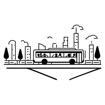 A white bus is parked on a bridge, its doors open. Passengers are visible through the windows, admiring the view of a skyline in the distance. The skyline features a range of tall buildings, some with distinct shapes and architectural details. The bridge has metal railings, and the ground is composed of concrete slabs. Clouds are seen in the sky, adding depth to the scene. Trees can be seen lining the sides of the bridge, enhancing the view of the urban landscape.