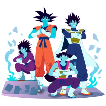The Z Fighters, a group of characters with distinct and vibrant appearances, are positioned in a dynamic fighting stance, showcasing their agility and readiness for battle. Goku has spiky black hair and is wearing an orange and blue gi, his fists are clenched in determination. Vegeta stands beside him with his characteristic scowl, wearing his blue Saiyan armor and white gloves, his arms crossed confidently. Piccolo, with green skin and a white cape, stands slightly behind them, preparing his energy attack with a focused expression. Gohan, sporting black hair and a purple gi, crouches low, ready to spring into action. The backdrop features a desolate battlefield with debris and smoke swirling around, enhancing the intensity of the scene. Each character radiates energy, emphasizing their power and resolve.
