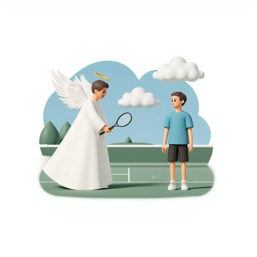 An angel with large, white feathered wings is standing on a grassy court, holding a badminton racket. The angel is wearing a flowing white robe and has a golden halo above its head. Next to the angel, a neighbor is dressed in a bright blue T-shirt and black shorts, ready to serve the shuttlecock. The neighbor has short brown hair and is smiling as they prepare for the game. The net is positioned in the middle of the court, and a few trees can be seen in the background, with fluffy clouds floating in a blue sky above.