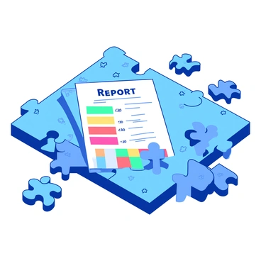 A blue puzzle with several pieces scattered around and a few pieces being fitted together. The puzzle pieces are in the process of creating an image of a report card. The report card is displayed in the center of the puzzle, showing grades in various subjects such as "Math," "Science," and "English." The report card has a white background with colorful sections for each subject. Some pieces have a portion of the report card's content, while others show colorful patterns. The pieces being assembled appear to be almost complete, revealing a slightly visible edge of the report card.