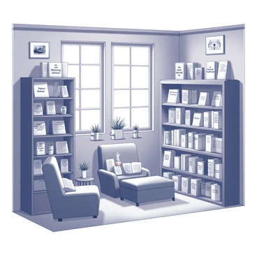 A quaint bookstore with shelves overflowing with books. The books are prominently displayed with their covers facing outward, showing titles written in "Bengali script." The store features warm wooden shelves and a rustic ambiance. Soft light filters in through large windows, illuminating the titles and creating inviting shadows. A small reading nook is visible, complete with a cozy armchair and a side table holding a steaming cup of tea. There are decorative elements such as small potted plants and framed pictures on the walls, adding to the charm of the space.