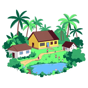 A yellow traditional house with a thatched roof is nestled among tall green palm trees in a Kerala village. Nearby, there are small white houses with colorful doors and windows surrounded by vibrant green plants and flowers. In the foreground, there is a narrow dirt path winding through the lush greenery, leading to a small pond reflecting the blue sky. A few people can be seen walking along the path, enjoying the serene atmosphere of their village.