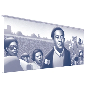 A large mural painted on a community wall. The mural features a portrait of "Cesar Chavez" at the center. Surrounding him are scenes representing his activism, including farmworkers marching with signs, symbolizing unity and strength. The background displays fields of crops, highlighting agricultural themes. Various community members are depicted, showcasing diversity and collaboration. Some are holding banners with messages of support. The overall composition is dynamic, drawing attention to the key figures and their actions in a significant moment of history.