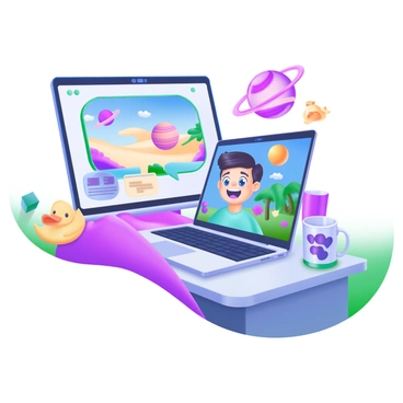 A person sitting at a desk, engaging in a video call on a laptop. The screen displays their image surrounded by various funny virtual backgrounds, such as a bustling beach scene, a whimsical outer space setting with planets, and a cartoonish jungle filled with colorful animals. The person has a surprised expression, with wide eyes and a smile, as they interact with the backgrounds. On the desk, there are a few playful items like a rubber duck and a quirky coffee mug. Bright lighting illuminates the scene, emphasizing the fun atmosphere.