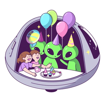 A group of green aliens with large heads and big black eyes are celebrating a party inside a silver spaceship. They are surrounded by a number of colorful balloons in various shapes, floating gently in the zero-gravity environment. A couple of children, one with blonde hair and the other with brown hair, are laughing and playing with the aliens. The children are wearing bright party hats, and a small table is set up with a plate of treats, including colorful cupcakes. The walls of the spaceship are adorned with glowing stars and planets, adding to the festive atmosphere.