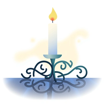 An intricately designed candle holder made of wrought iron features ornate patterns and curves. A tall, white candle is lit and positioned in the center of the holder. The warm glow from the flame casts a gentle light and intricate shadows on the surrounding surface. The candle holder rests on a dark wooden table, with the shadows creating a delicate play of shapes against the wood grain. The background is softly blurred, emphasizing the candle holder and the flickering flame.