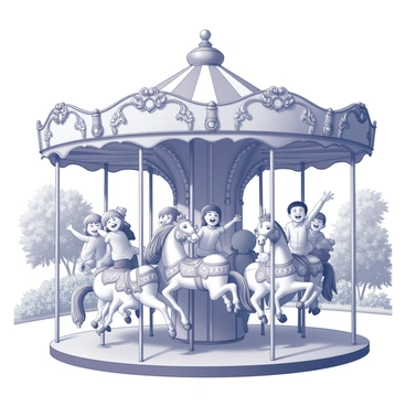 A vintage carousel with intricately carved wooden horses. Each horse is adorned with detailed saddles and flowing manes. The carousel is set in a lively park filled with trees and blooming flowers. Excited children of various ages are riding the horses, their faces lit up with joy and laughter. Some children are holding onto the horse's mane, while others are raising their arms in delight as the carousel spins. The structure of the carousel features ornate decorations and colorful bunting hanging from the roof, completing the festive atmosphere.
