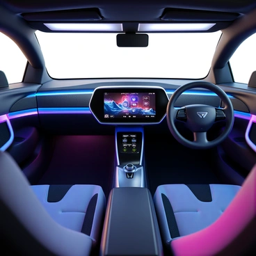 A futuristic car dashboard featuring a sleek design with smooth, flowing lines and a high-tech aesthetic. The dashboard is equipped with multiple interchangeable panels that can be easily swapped out, showcasing various textures and colors. Each panel is adorned with digital displays and customizable controls that allow for personalization. The central console is highlighted by a prominent touchscreen interface, displaying vibrant graphics and data. Ambient lighting surrounds the dashboard, enhancing the modern feel of the interior environment.