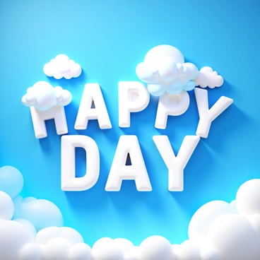 Fluffy white clouds in various shapes are forming the letters "HAPPY DAY" against a bright blue sky. The clouds have soft, rounded edges and different sizes, creating a dynamic composition. Sunlight filters through the clouds, casting gentle shadows and highlighting their textures. A few smaller clouds surround the letters, adding depth to the scene.