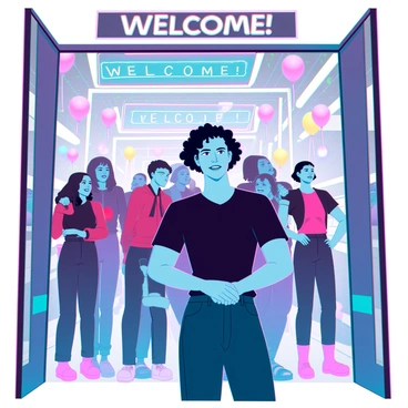 A person with medium skin tone and short curly hair is standing at the entrance of a vibrant party filled with colorful lights and decorations. They are wearing a casual outfit consisting of a fitted black t-shirt and dark jeans. The atmosphere is bustling with guests engaged in animated conversations and laughter, creating a lively setting. The entrance is adorned with bright balloons and a welcoming sign that reads "Welcome!" The person's expression reflects a mix of curiosity and hesitation as they glance towards the crowd, contemplating whether to step inside and join the festivities.