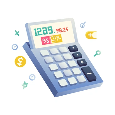 A classic gray calculator is positioned in the center of the image, with a large digital display showing intricate financial calculations. The screen features numbers and symbols such as "Σ", "%", and "±" highlighted in bright colors for clarity. Surrounding the calculator are various accounting symbols, including a dollar sign, euro sign, and mathematical operators like "+" and "-". The calculator has tactile buttons, displayed in black and white, that contrast sharply with the vibrant calculations on the screen.