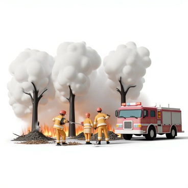 A group of firefighters, wearing bright red helmets and yellow fire-resistant jackets, are working together to control a large forest blaze. One firefighter is aiming a powerful hose at the flames, while another is using a shovel to remove debris and create a firebreak. Behind them, thick smoke billows into the sky from the burning trees, which have dark charred trunks. The ground is covered in dry leaves and fallen branches. A fire truck, with its lights flashing, is parked nearby, ready to provide additional support.