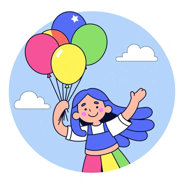 A cartoon illustration of a girl with long, flowing hair, wearing a colorful dress. She is holding a bunch of vibrant balloons in various colors like red, yellow, green, and blue, with a joyful smile on her face. The scene features a bright blue sky with a few fluffy white clouds scattered throughout. The girl's arms are raised, showcasing the balloons, while her eyes sparkle with happiness.