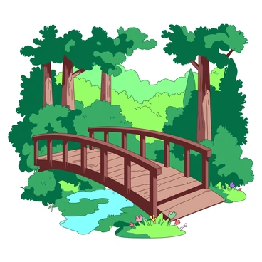 A brown wooden footbridge winds gracefully through a vibrant green forest filled with tall trees and thick underbrush. Sunlight filters through the leaves above, casting dappled shadows on the bridge. Along the sides of the bridge, small patches of colorful wildflowers peek through the greenery. The scene is calm, with a gentle breeze rustling the leaves, creating a serene atmosphere in the heart of the forest.
