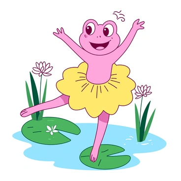 A pink cartoon frog wearing a bright yellow tutu is gracefully performing ballet on a green lily pad. The frog has a joyful expression on its face, with big round eyes focused outward. Surrounding the lily pad, there are several vibrant green reeds and a few delicate white water lilies blooming in the calm water. The frog is poised on one leg, with its arms extended gracefully, showcasing its elegant ballet movement.