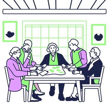 Thomas Jefferson is seated at a wooden table in a colonial room, engaged in a group discussion with other founding fathers. The room features exposed wooden beams on the ceiling and large windows allowing natural light to filter in. Jefferson, dressed in an 18th-century suit, is leaning slightly forward, expressing his thoughts. Around him are notable figures such as George Washington and Benjamin Franklin, each adorned in period-appropriate attire. A large map is spread out on the table, along with quills and parchment. The walls are decorated with portraits of prominent historical figures, adding to the atmosphere of the time. The overall setting conveys a sense of urgency and collaboration among the founders.