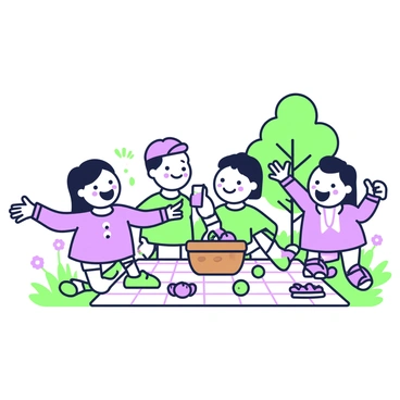 A group of cartoon friends is gathered on a picnic blanket, enjoying a sunny day outdoors. Each friend represents a different conjunction, with distinct features that symbolize their meaning. On the left, there is "and," a cheerful character with arms outstretched, sharing food with "or," who has a playful expression and is reaching for a sandwich. In the center, "but" has a thoughtful look while holding a drink, and "so" is animatedly pointing to a nearby tree, suggesting a fun activity. Various picnic items are scattered around, including a picnic basket, fruits, and a checkered cloth. Flowers and grass are visible around the blanket, adding to the lively atmosphere.