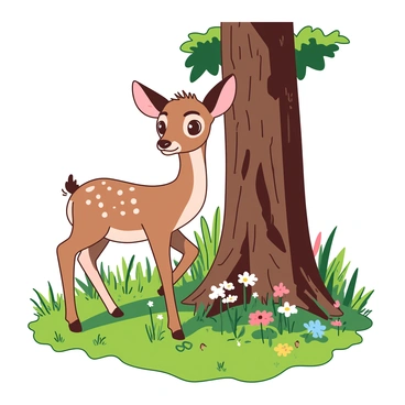 A brown fawn with white spots is curiously peeking out from behind a tall tree with a rough bark texture in a lush meadow. The fawn's ears are perked up, and its big eyes reflect a sense of wonder. Surrounding the tree, the meadow is filled with vibrant green grass and colorful wildflowers in various shades. Soft sunlight filters through the leaves, creating dappled patterns on the ground around the fawn.