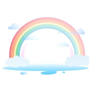 A clear blue sky is visible, showcasing a bright and colorful rainbow that arcs gracefully across the horizon. The rainbow displays vibrant hues of red, orange, yellow, green, blue, indigo, and violet. Below the rainbow, the ground is glistening as the sunlight reflects off the wet surface after a rain shower, with small puddles scattered throughout the scene. Soft, fluffy clouds are drifting in the distance, adding depth to the sky.