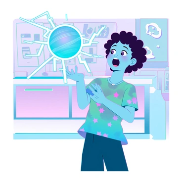 A young child with short, curly hair standing on end, expressing surprise and delight. They are reaching out to touch a glowing static electricity ball with their right hand. The ball emits bright electric arcs that illuminate their face. The child's wide eyes and open mouth suggest excitement. They are wearing a colorful t-shirt with a pattern of stars and planets, and their cheeks are slightly flushed. The background features a playful, science-themed room with posters of scientific concepts on the walls.
