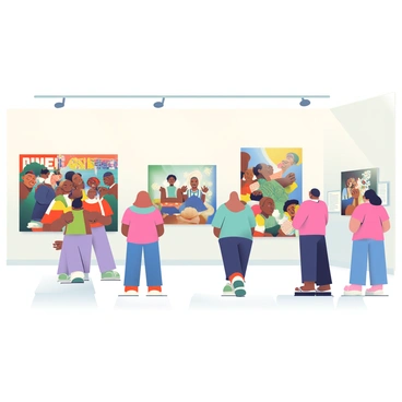 A spacious art gallery is filled with various Juneteenth-themed artworks displayed on white walls. Each artwork features vibrant colors and powerful imagery related to freedom and heritage. Groups of diverse visitors, including people of different ages and ethnicities, are scattered throughout the gallery, admiring the pieces. Some visitors are standing close to a large painting that depicts a celebration scene, while others are engaged in conversation about the meanings behind the artworks. Soft track lighting highlights the details of each piece, creating an inviting atmosphere for appreciation and reflection. A small informational plaque is visible next to one of the artworks, providing context about the piece.