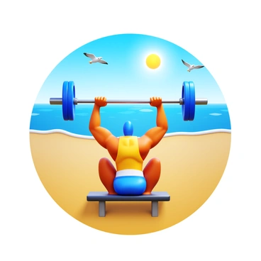 A person lifting a barbell while doing a bench press on a sandy beach. The individual is wearing workout clothes, and their muscles are flexed as they exert effort. The ocean is visible in the background, with gentle waves rolling onto the shore. The sun is shining brightly, casting shadows in the sand. Seagulls can be seen flying above, and a few beachgoers are in the distance, enjoying the sunny day.
