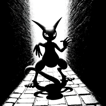 A Greninja is positioned in a dimly lit alley, its body poised and ready for action. Surrounding it are multiple shadowy illusions of itself, each mimicking its stance and posture. The walls of the alley rise steeply on either side, casting deep shadows that enhance the mysterious atmosphere. The ground is made of cobblestones, which reflect faint light. The Greninja's eyes are sharply focused, conveying intent. The scene captures the dynamic energy of the Greninja amidst its illusions, blending seamlessly into the dark surroundings.