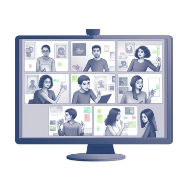 A video call setup featuring multiple artists from various backgrounds. Each artist is visible in their own square on the screen, showcasing a diverse range of artistic styles and mediums. Some artists are seen drawing on sketch pads, while others have digital tablets in front of them. The environment around each artist reflects elements of their culture, like different art supplies, paintings, or decorations. The expression on their faces conveys concentration and creativity as they discuss and share ideas for the collaborative illustration project. The screen shows a colorful array of sketches and concepts being shared among them.
