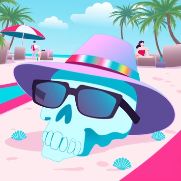 A cat skull with a smooth surface and detailed bone structure is adorned with sleek sunglasses that have reflective lenses. The skull is topped with a wide-brimmed beach hat, decorated with a colorful band. It is placed on a sandy beach, surrounded by beach towels and seashells. In the background, there are vivid beach umbrellas and people relaxing under the sun. The scene conveys a lighthearted and playful atmosphere, emphasizing the contrast between the cat skull and the sunny beach setting.