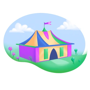 A colorful circus tent stands prominently in a vast green field. The tent features bold stripes of red, blue, yellow, and green, creating a vibrant contrast against the clear blue sky. Surrounding the tent are patches of wildflowers in various hues, adding to the lively scene. Soft, fluffy clouds float overhead, casting gentle shadows on the tent. The grass is lush and well-manicured, accentuating the cheerful atmosphere of the setting.