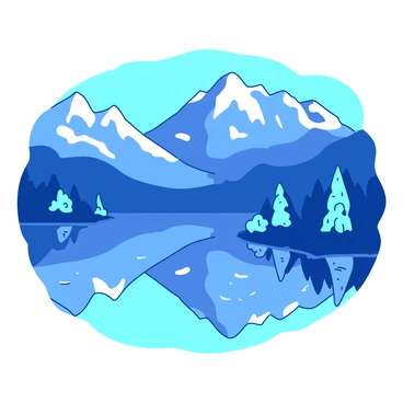 A blue landscape features tall, rugged mountains with white snow caps in the background. In the foreground, there is a calm lake reflecting the mountains and the clear blue sky above. The water is perfectly still, creating a mirror-like effect with the surrounding scenery. Lush green trees with vibrant foliage line the edges of the lake, adding to the tranquility of the scene. The overall composition is balanced, emphasizing the harmony between the mountains and the lake.