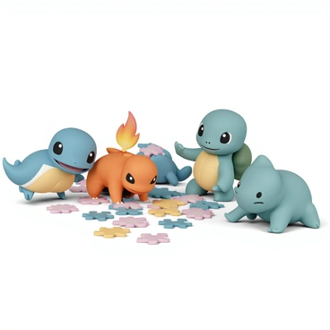 A small Charmander with vibrant orange scales and a flame on its tail is focused intently on a large, colorful puzzle spread out on the floor. Its eyes are narrowed with concentration, and it has its tiny claws poised over a piece. Surrounding Charmander are several friends: a lively Squirtle with a blue shell and big round eyes, and a cheerful Bulbasaur with a green bulb on its back, both leaning in to help. Squirtle is holding a puzzle piece above its head, while Bulbasaur points excitedly at the section of the puzzle they are working on. The scene is filled with a sense of teamwork and excitement as they work together to complete the puzzle.