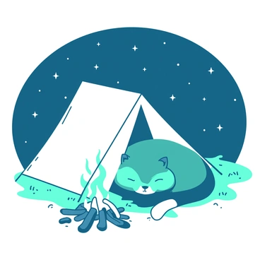 A teal cat is nestled comfortably next to a white tent under a starry night sky filled with twinkling stars. The tent has its door slightly open, revealing a cozy interior. Nearby, a small campfire flickers, casting a warm glow on the surrounding area. The cat is curled up with its eyes closed, enjoying the warmth of the fire. The ground is covered in soft grass, and a few scattered pebbles surround the campfire.