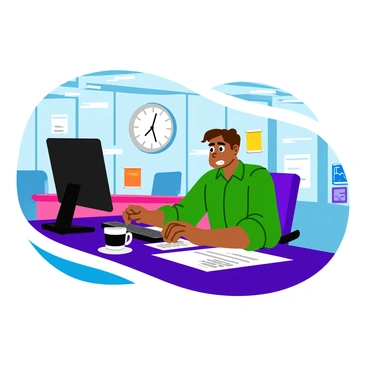 A stressed office worker with tousled hair is sitting at a cluttered desk littered with papers and empty coffee cups. Their fingers are flying over the keyboard of a black computer, producing a flurry of rapid keystrokes. In the background, a large wall clock with a white face and bold black numbers ticks loudly, its hands indicating the time with a sense of urgency. The office is filled with fluorescent lighting, casting a bright glow over the scene, while a few motivational posters hang on the walls.