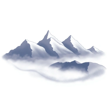 A range of mountains with peaks covered in snow is prominently displayed. The mountains are rugged, with sharp edges and varying heights. A thick layer of mist envelops the lower slopes, creating a sense of mystery and depth. The mist swirls around the base of the mountains, partially obscuring the terrain below. The scene suggests the early morning hours, as the mist has a soft, ethereal appearance, giving the landscape a tranquil ambiance.