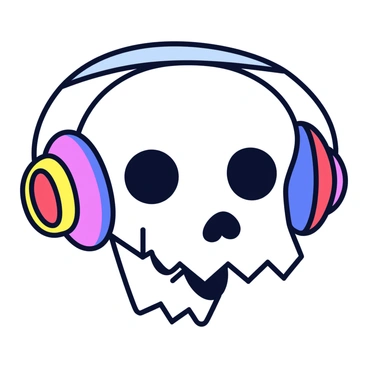 A dog skull with distinct features, including prominent cheekbones and eye sockets, sits centrally. The skull is wearing a large set of colorful headphones that cover its ears. The headphones are vibrantly designed with shades of red, blue, and yellow. The background is minimalistic, allowing the focus to remain on the striking contrast between the skull and the headphones.