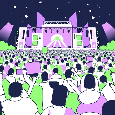 The perspective from a concert stage shows a wide view of a large crowd of cheering fans. The fans are raising their hands and waving, creating a sea of excitement. Some fans are holding colorful signs above their heads, while others are wearing bright clothing. In the foreground, the stage is illuminated with various lighting fixtures and speakers. Behind the crowd, there are tall buildings and a night sky filled with stars. The atmosphere is filled with energy and enthusiasm from the audience.
