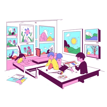 A bright children's art gallery with walls adorned with colorful illustrations created by young artists. The illustrations feature a variety of subjects, including animals, nature, and whimsical characters. Each piece is framed in simple white frames, and some include small labels with the artist's name. The gallery is filled with natural light streaming through large windows, illuminating the vibrant colors of the artwork. There are a few small wooden benches arranged for visitors to sit and admire the art. In one corner, a table holds art supplies, inviting children to create their own masterpieces.