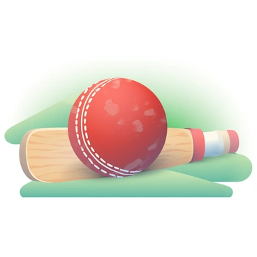 An old, worn cricket ball with faded red leather and scuff marks is resting on a wooden cricket bat. The bat has a light brown finish, showcasing grain patterns, and is positioned at an angle. There is natural lighting that highlights the texture of the ball and the bat’s surface. The background features a green grass field slightly blurred to emphasize the ball and bat in the foreground.