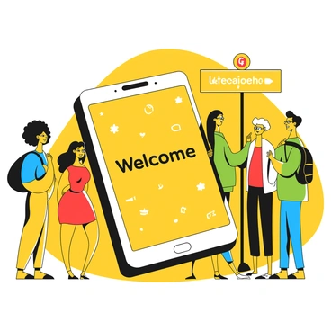 An Uber app screen displaying 'Welcome' in multiple languages with diverse passengers in the background