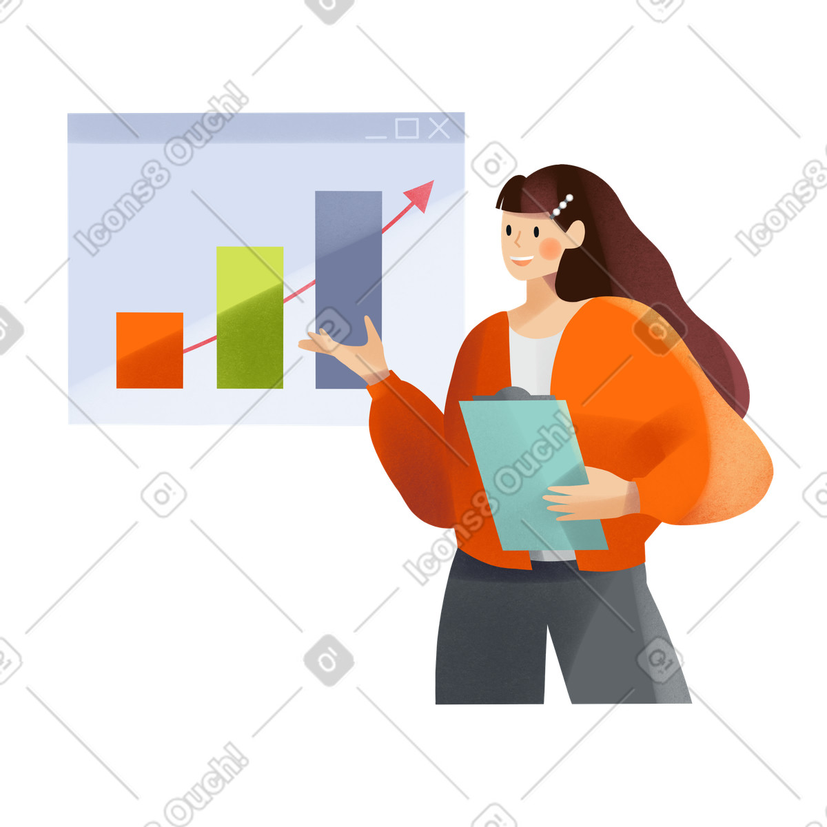 Young woman presenting business graph illustration in Shine style download in PNG, SVG